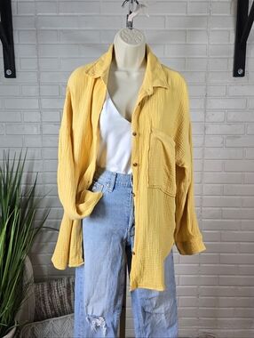 Acoa Yellow Gauze Button Up Overshirt Oversized Medium Large
